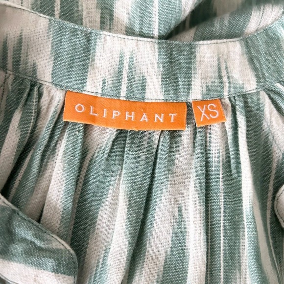 Oliphant Green White Ikat Cotton V-Neck Mini Shift Dress Pockets Short Sleeve XS - Picture 5 of 6